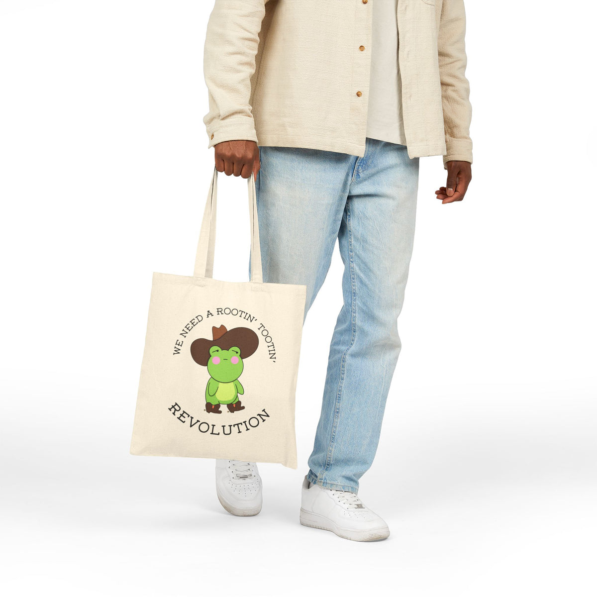 Revolution Frog Tote Bag — "We Need a Rootin' Tootin' Revolution" Cotton Canvas Tote