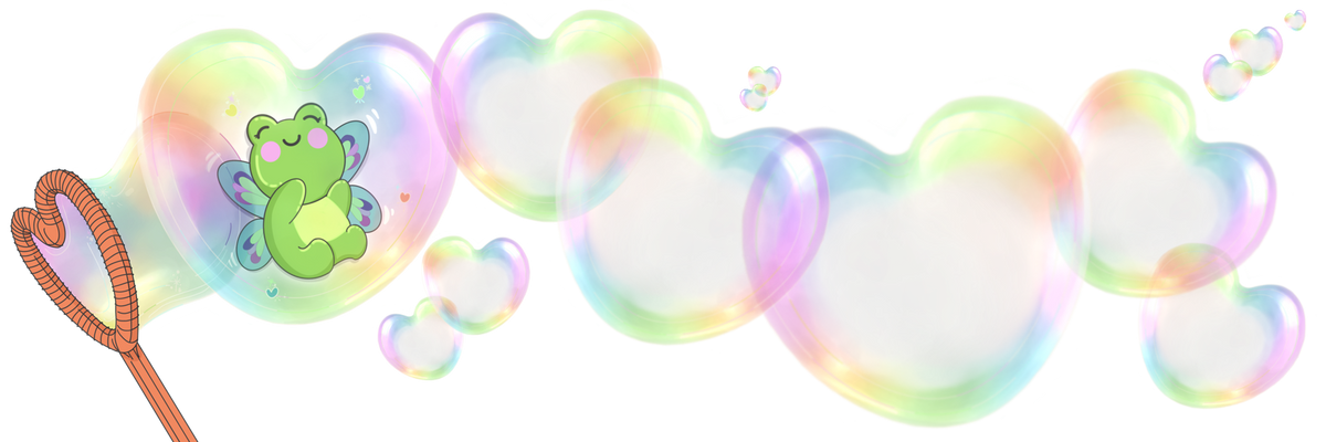 A decorative graphic featuring a green cartoon frog with pink eyes inside a large iridescent bubble, with smaller matching bubbles and a wavy orange line trailing along a plain white background.